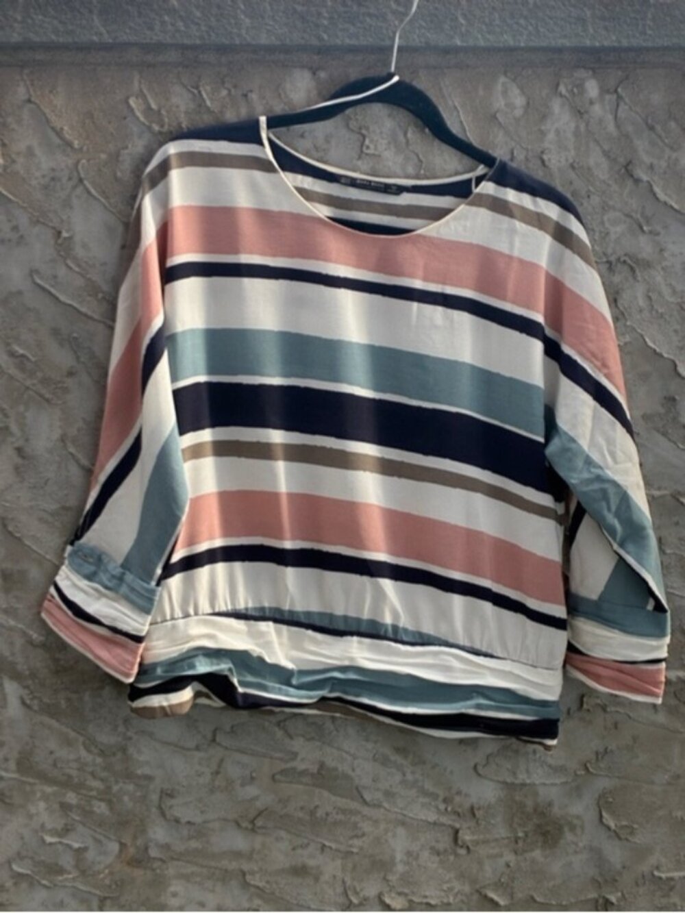 Zara Basic Collection Striped Scoop-Neck 3/4 Sleeve Pink, Teal & Beige Sz M